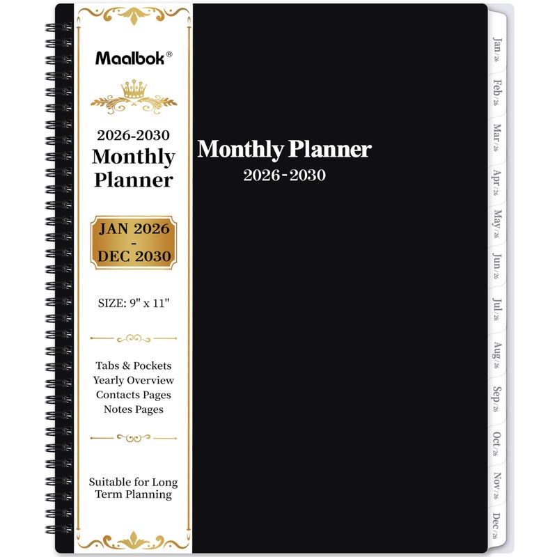 MaaIbok 2026-2030 Monthly Planner/Calendar - Jan 2026 - Dec 2030, 5 Year Monthly Planner with Tabs & Celebrity Quotes, 9"" x 11"", Famous Quotes, Two-Side Pocket, Suitable for Long-Term Planning, Black - Image 1